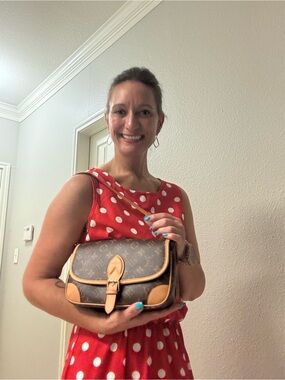 Monogram Leather Trim Crossbody Bag in Brown and Tan